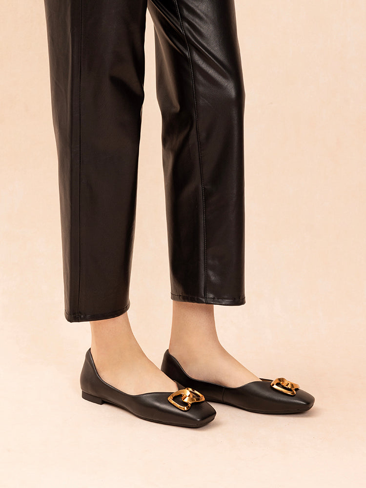 PAZZION, Kaori Gold Buckle Covered Flats, Black