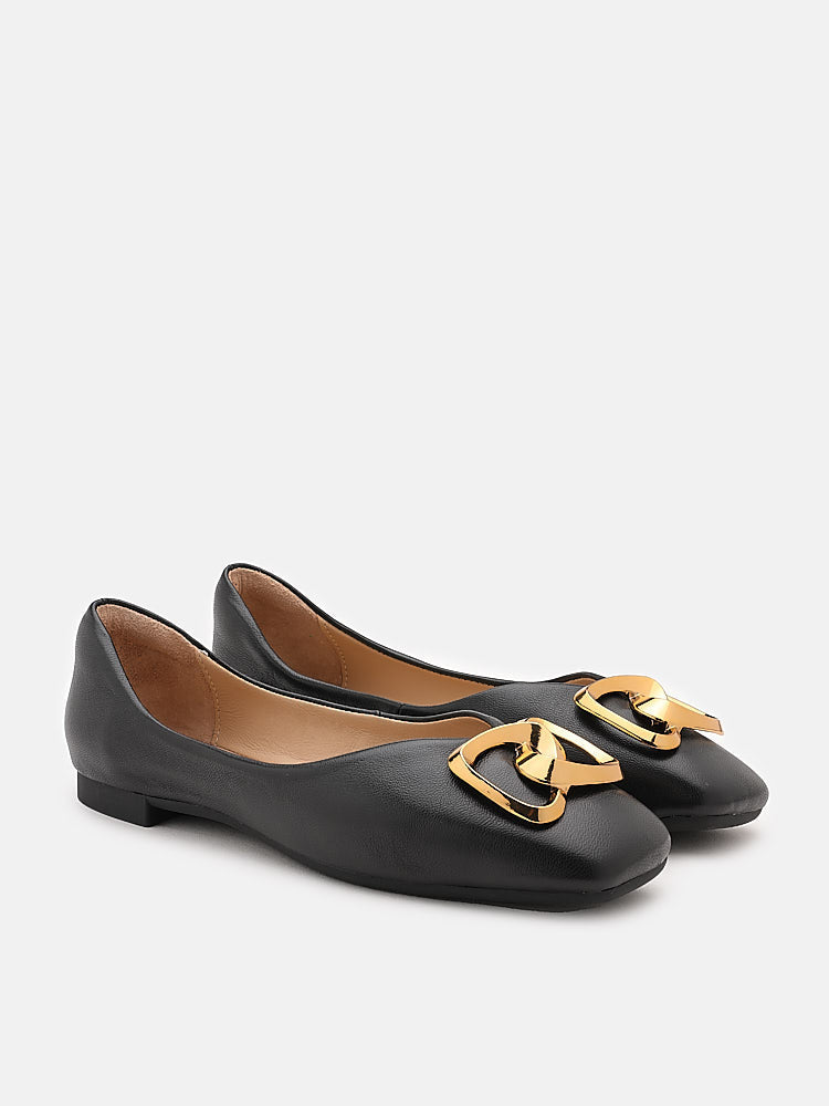 PAZZION, Kaori Gold Buckle Covered Flats, Black