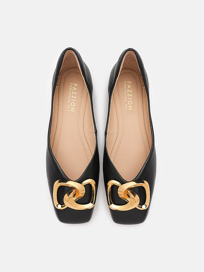 PAZZION, Kaori Gold Buckle Covered Flats, Black