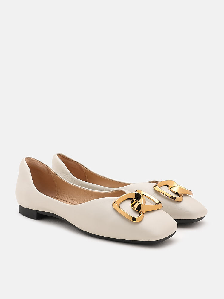 PAZZION, Kaori Gold Buckle Covered Flats, White