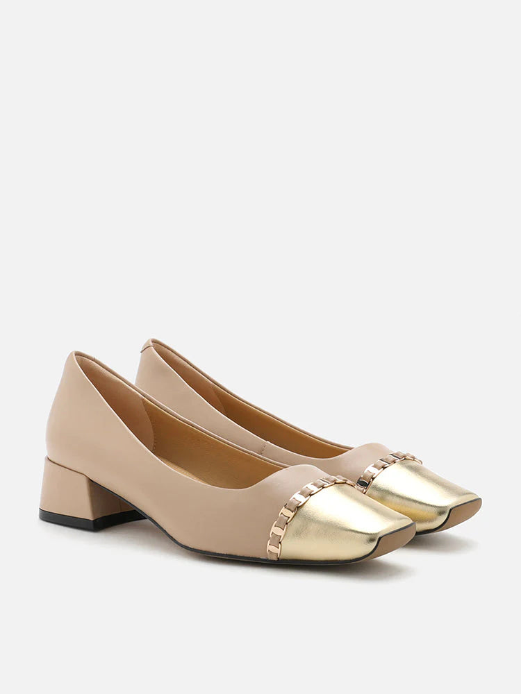 PAZZION, Kasey Chained Toe Cap Block Heels, Almond