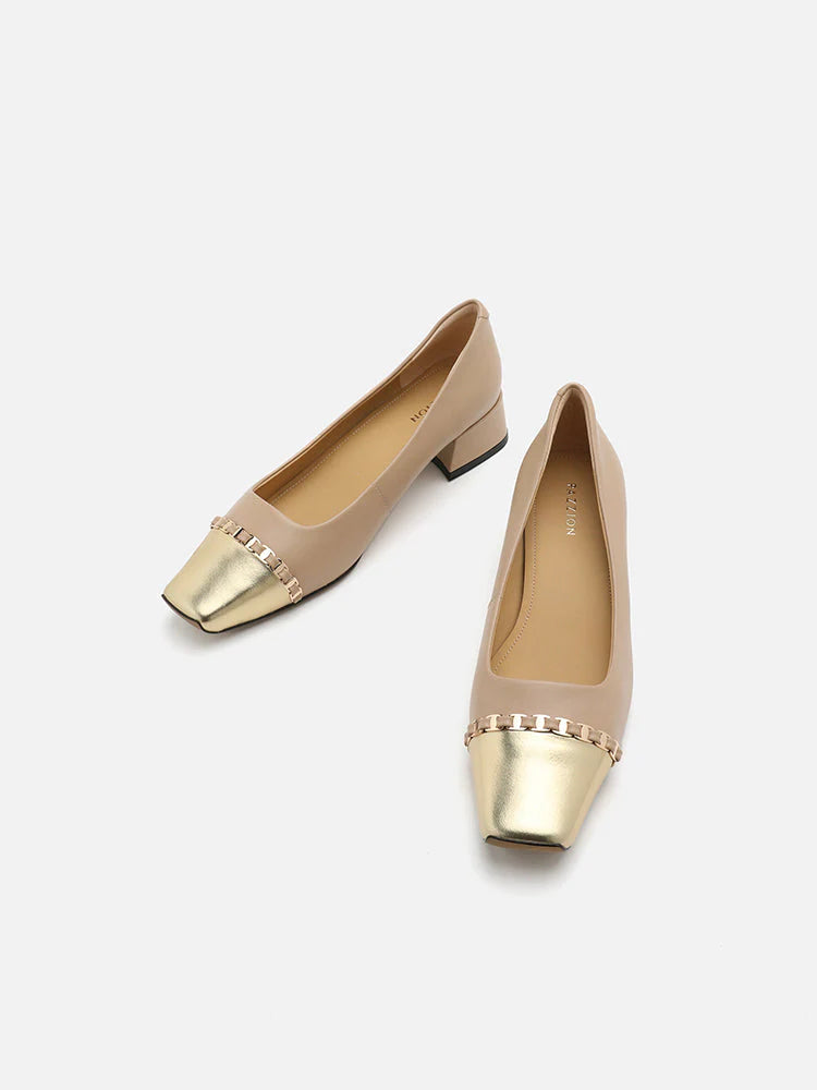 PAZZION, Kasey Chained Toe Cap Block Heels, Almond