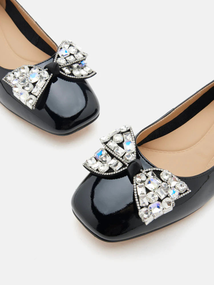 PAZZION, Katy Diamante Embellished Bow Patent Leather Flats, Black