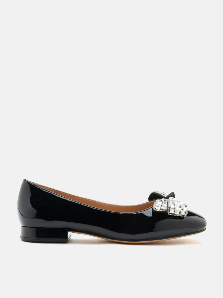 PAZZION, Katy Diamante Embellished Bow Patent Leather Flats, Black