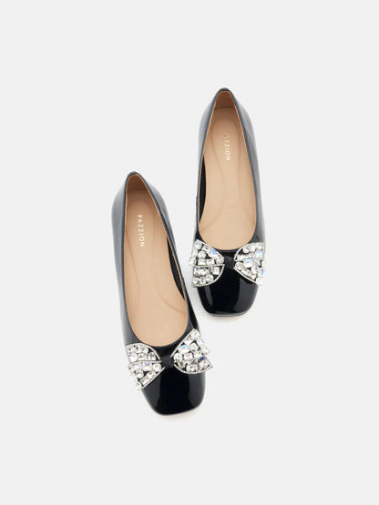 PAZZION, Katy Diamante Embellished Bow Patent Leather Flats, Black