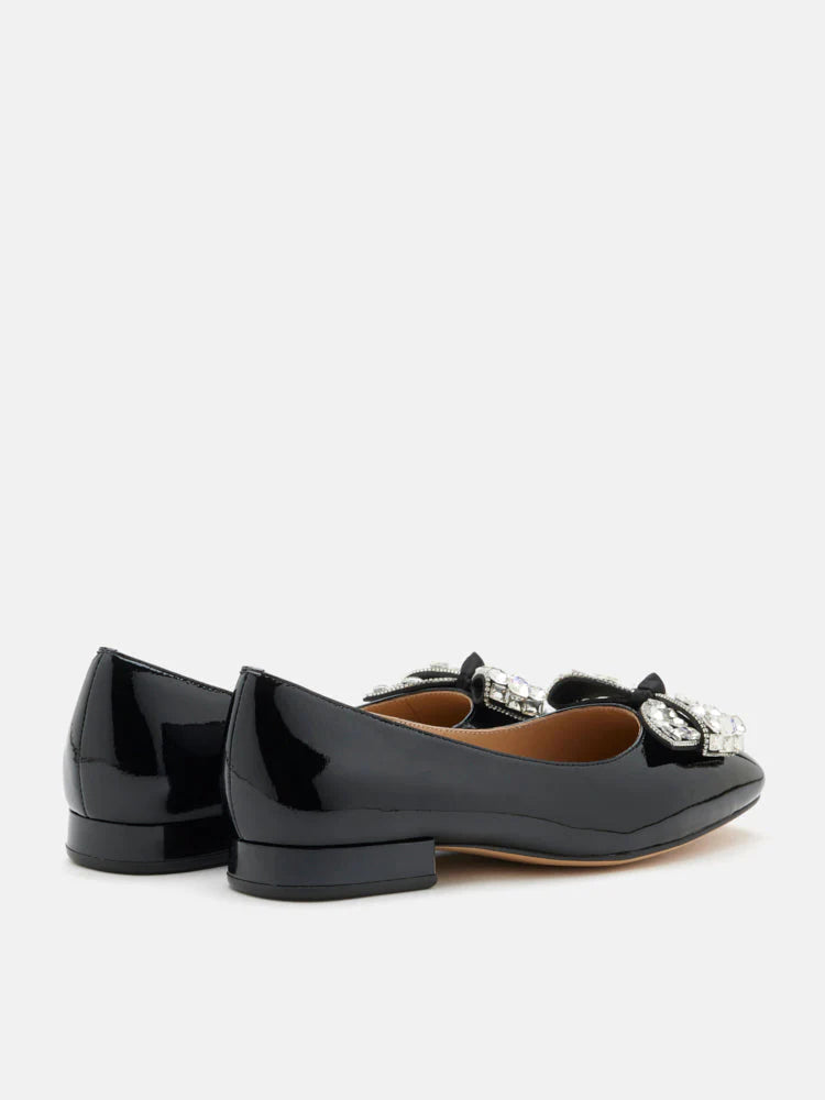 PAZZION, Katy Diamante Embellished Bow Patent Leather Flats, Black