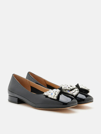 PAZZION, Katy Diamante Embellished Bow Patent Leather Flats, Black