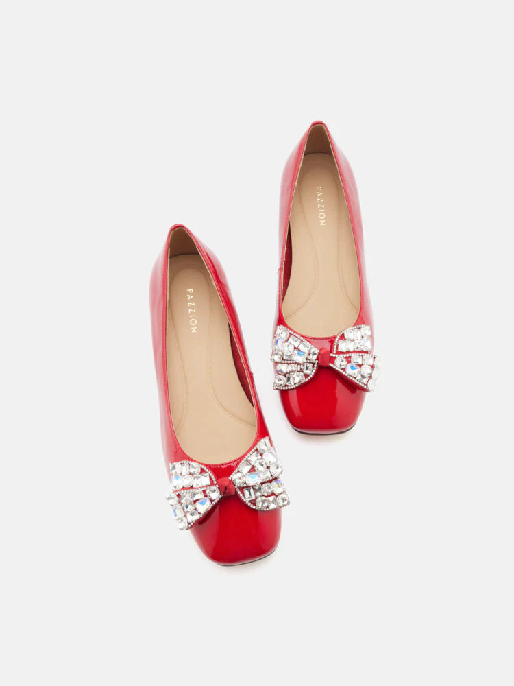 PAZZION, Katy Diamante Embellished Bow Patent Leather Flats, Red