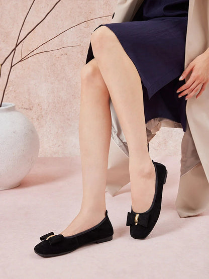 PAZZION, Keyla Gold Accented Bow Suede Flats, Black