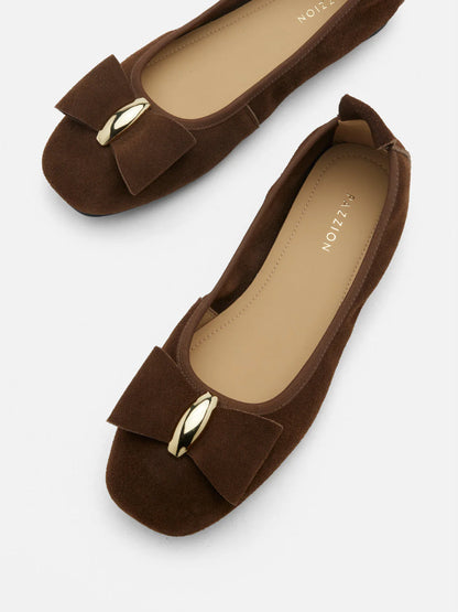 PAZZION, Keyla Gold Accented Bow Suede Flats, Brown
