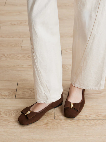 PAZZION, Keyla Gold Accented Bow Suede Flats, Brown