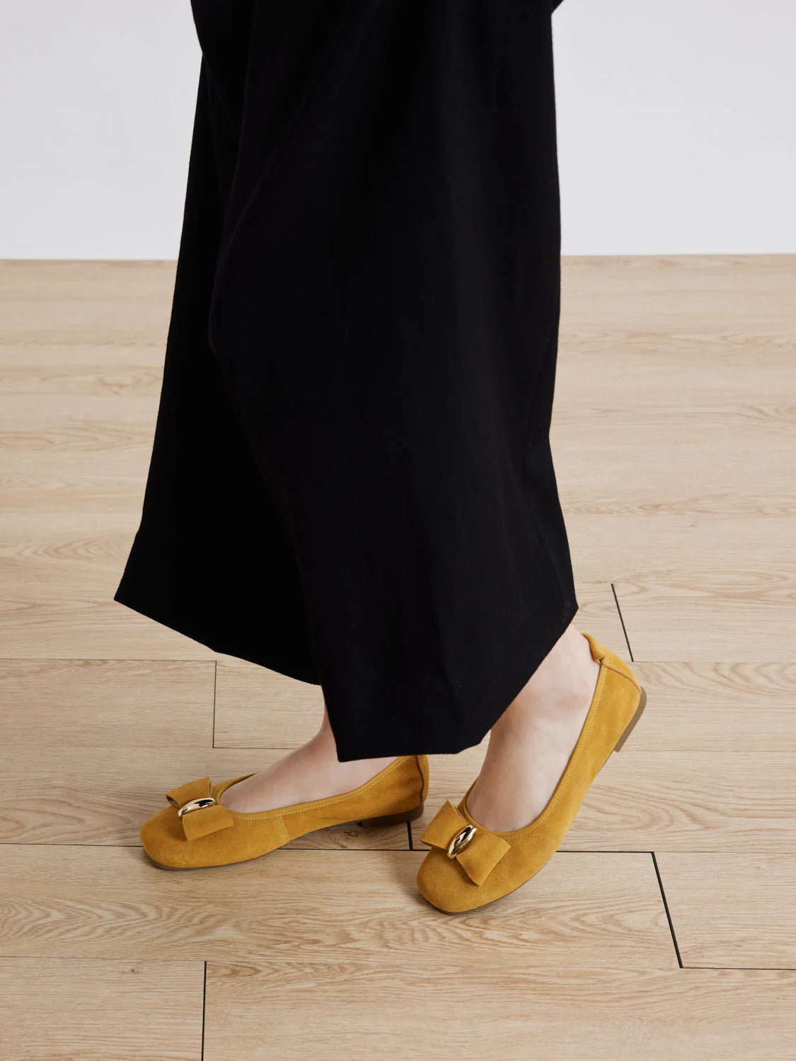 PAZZION, Keyla Gold Accented Bow Suede Flats, Yellow