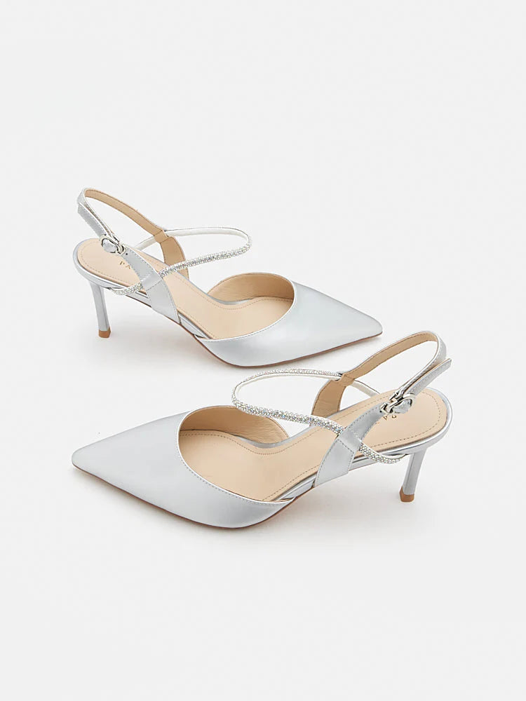 PAZZION, Khloe Satin Pointed-Toe High Heels, Silver