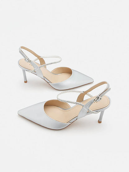 PAZZION, Khloe Satin Pointed-Toe High Heels, Silver