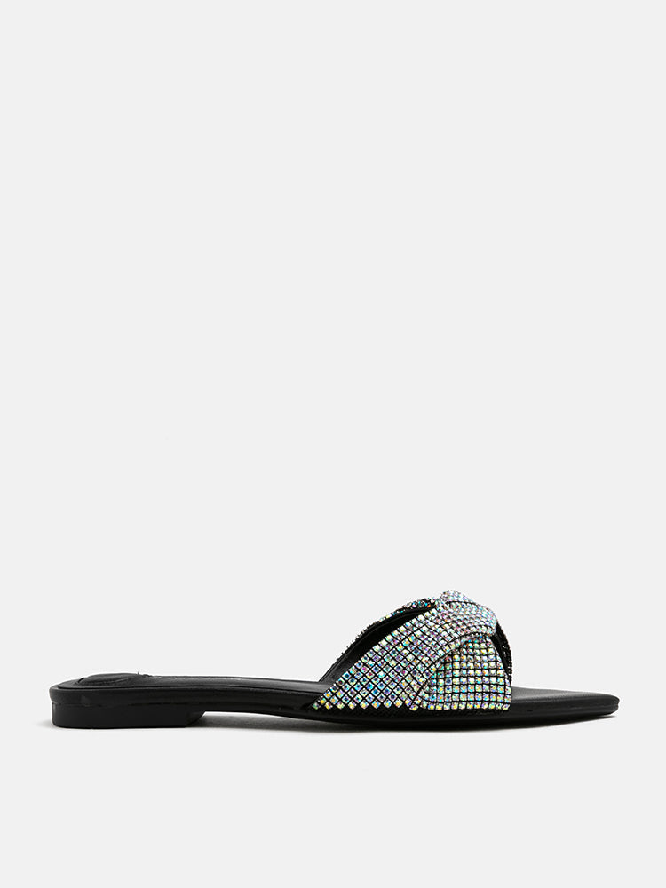 PAZZION, Kiera Diamante Embellished Bow Slides, Black