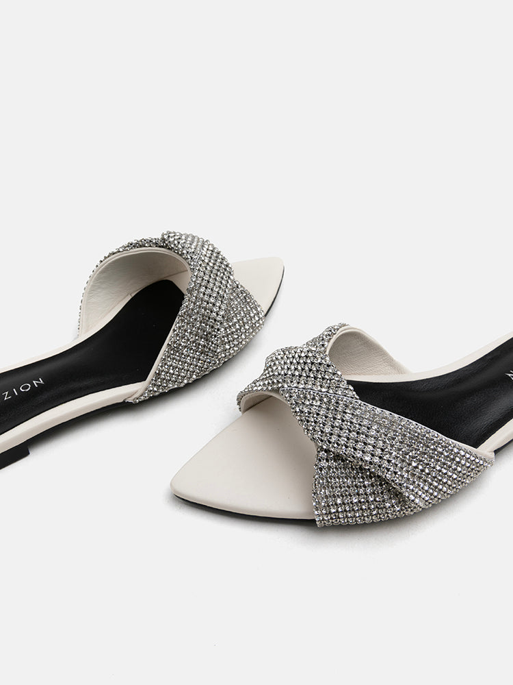 PAZZION, Kiera Diamante Embellished Bow Slides, White