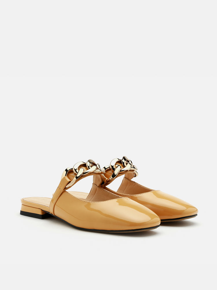 PAZZION, Kirby Oversized Chain Loop Round Toe Patent Mules, Camel