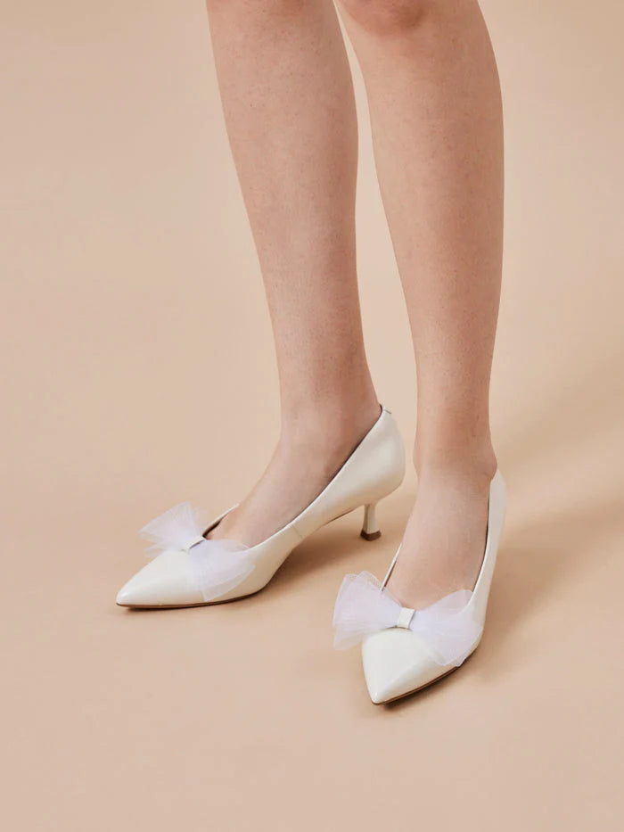 PAZZION, Kylie Tulle Bow Heels, Beige