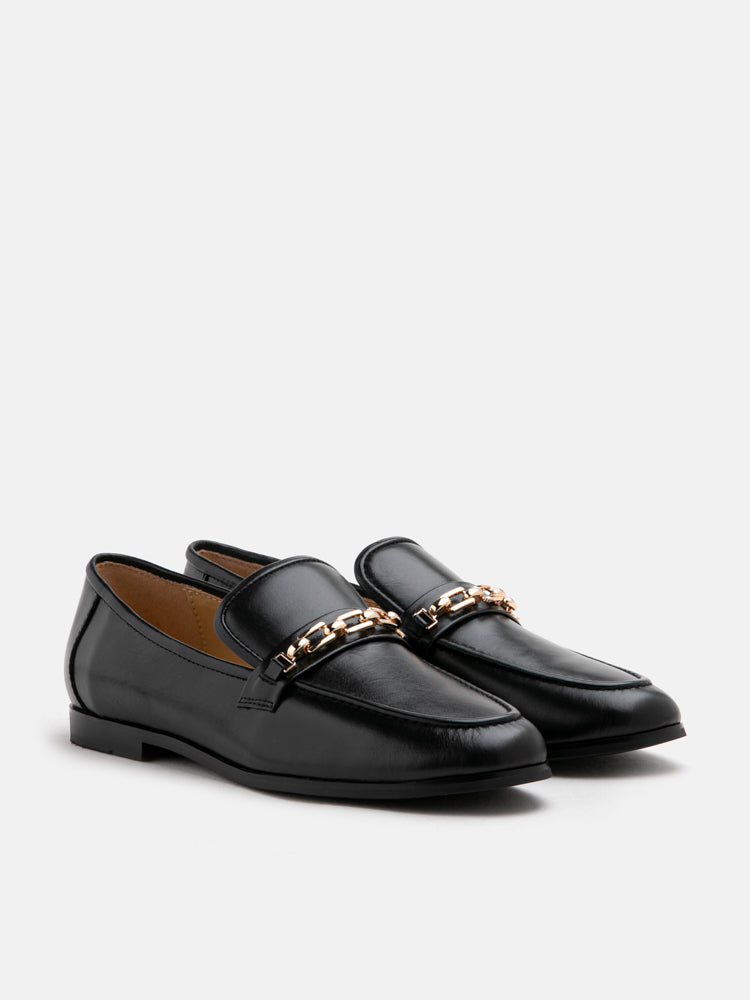 PAZZION, Lany Gold Chained Leather Loafers, Black