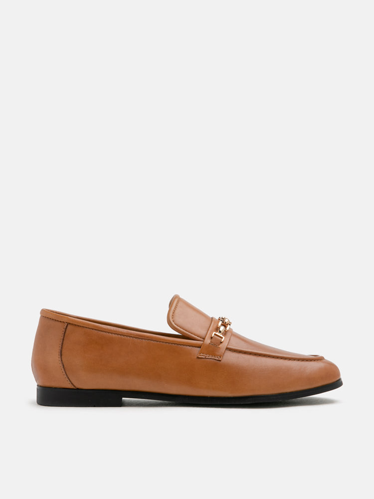 PAZZION, Lany Gold Chained Leather Loafers, Brown