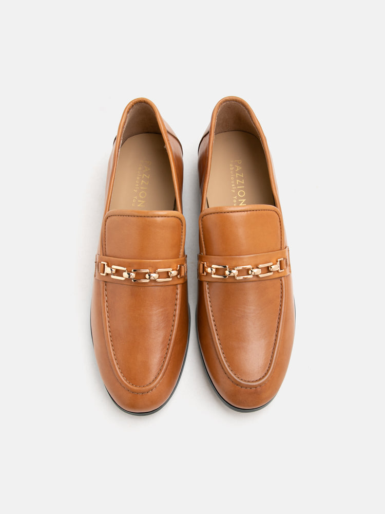 PAZZION, Lany Gold Chained Leather Loafers, Brown