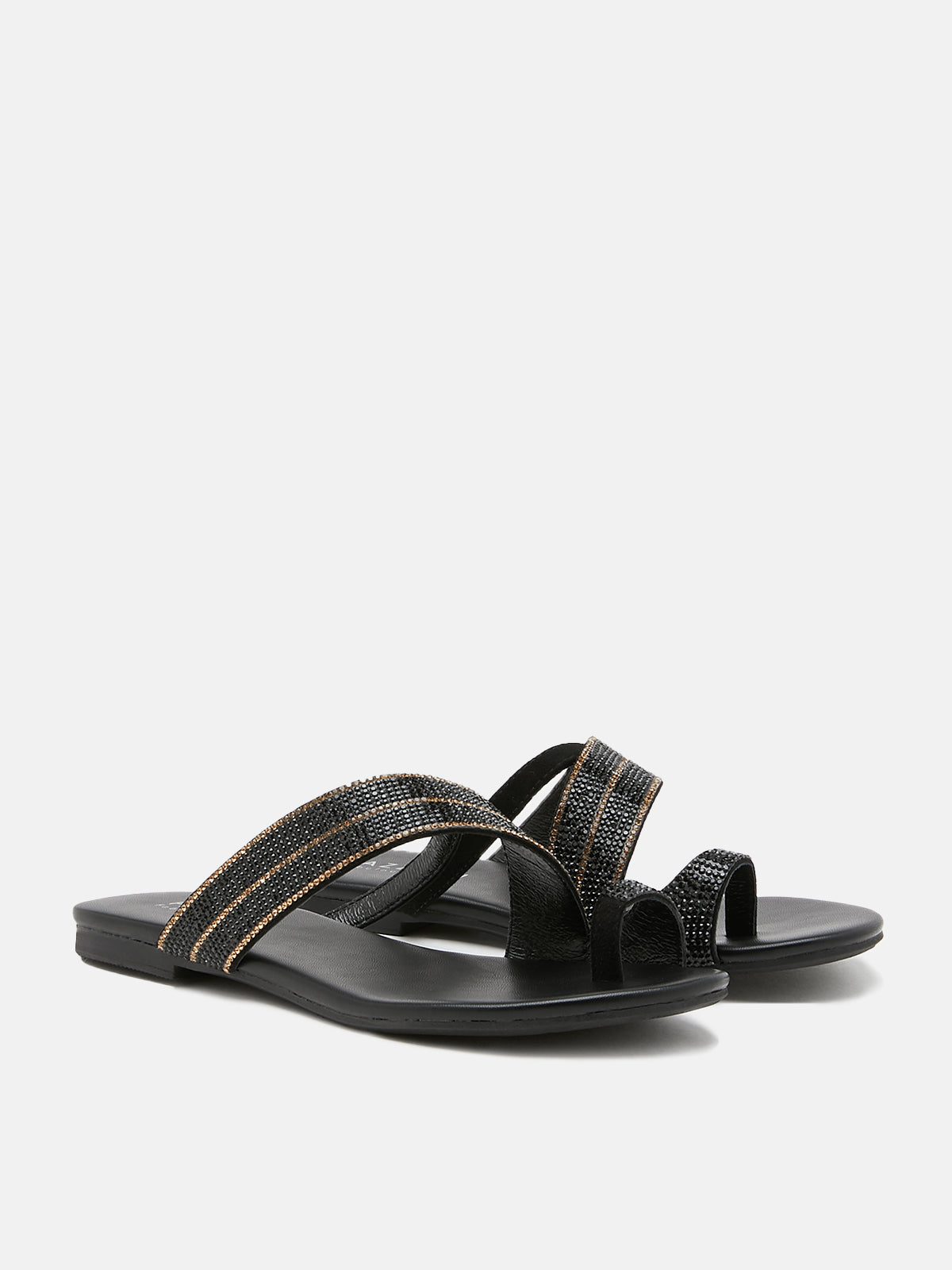 PAZZION, Lauren Glistening Embellished Leather Slide Sandals, Black