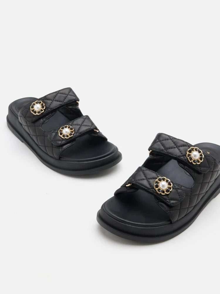 PAZZION, Leia Embellished Quilted Slides, Black