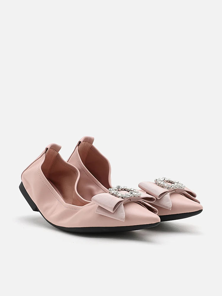 PAZZION, Leslie Diamante Bow Pointed Toe Foldable Flats, Pink