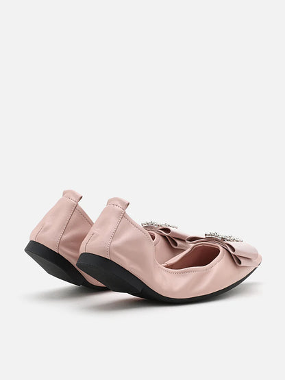 PAZZION, Leslie Diamante Bow Pointed Toe Foldable Flats, Pink