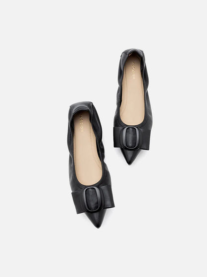 PAZZION, Lila Bow Buckle Pointed-Toe Flats, Black