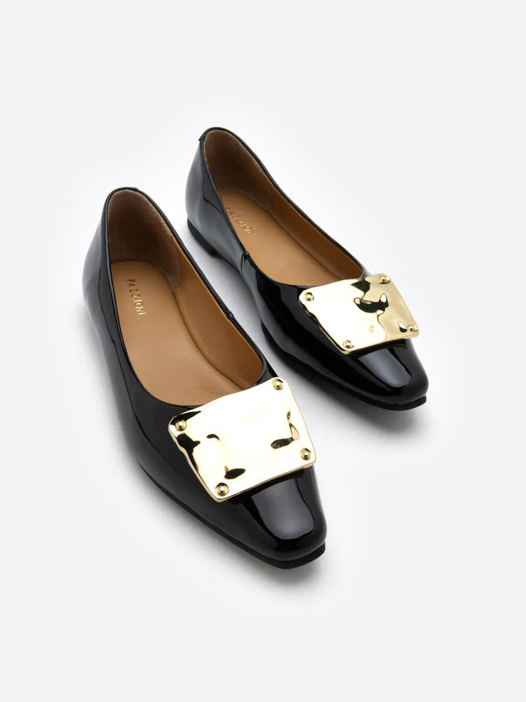 PAZZION, Lucinda Gold Buckle Patent Covered Flats, Black