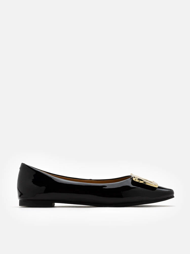 PAZZION, Lucinda Gold Buckle Patent Covered Flats, Black