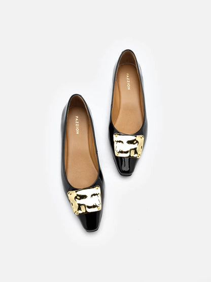 PAZZION, Lucinda Gold Buckle Patent Covered Flats, Black