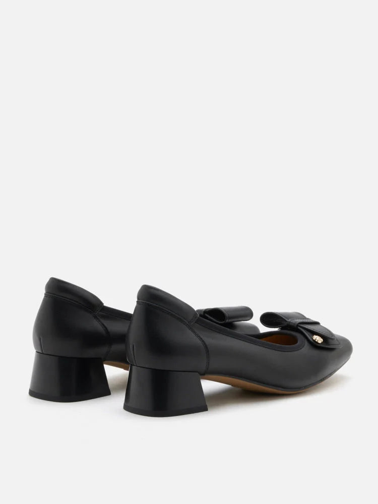 PAZZION, Lysandra Leather Bow Low Block Heels, Black