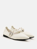 PAZZION, Mabel Pearl Embellished Leather Point-toe Pumps, Beige