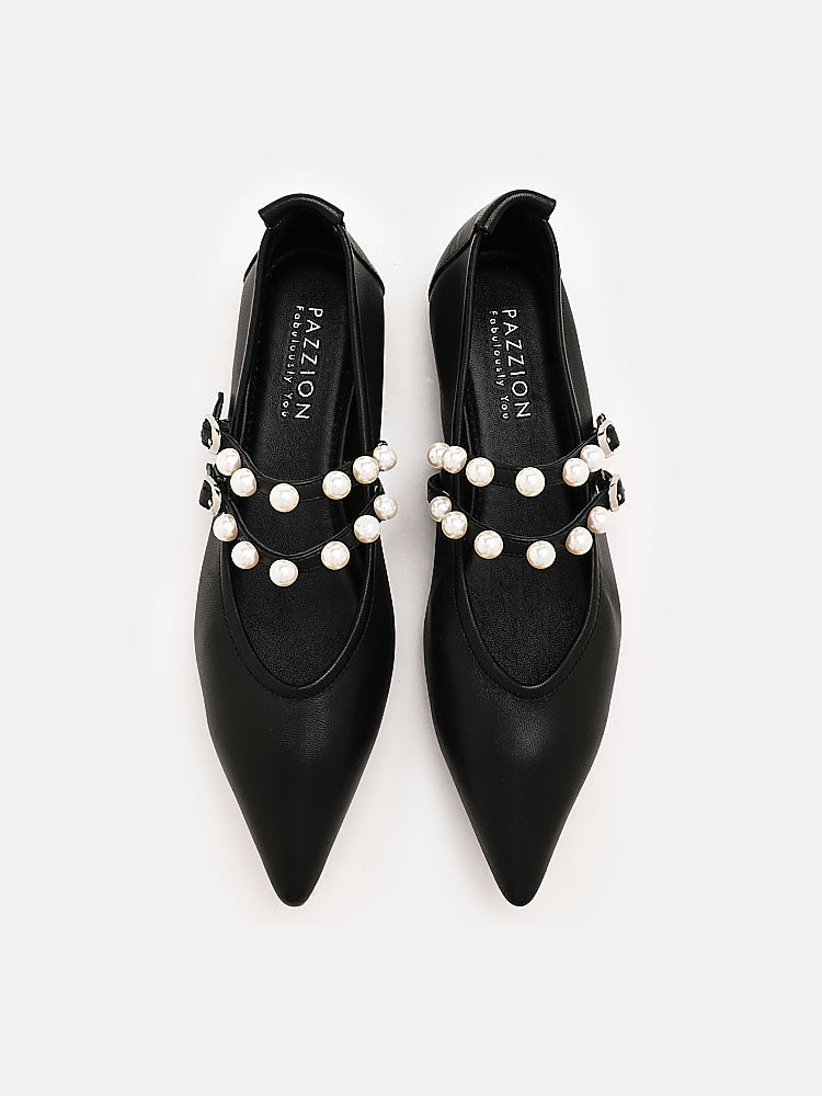 PAZZION, Mabel Pearl Embellished Leather Point-toe Pumps, Black