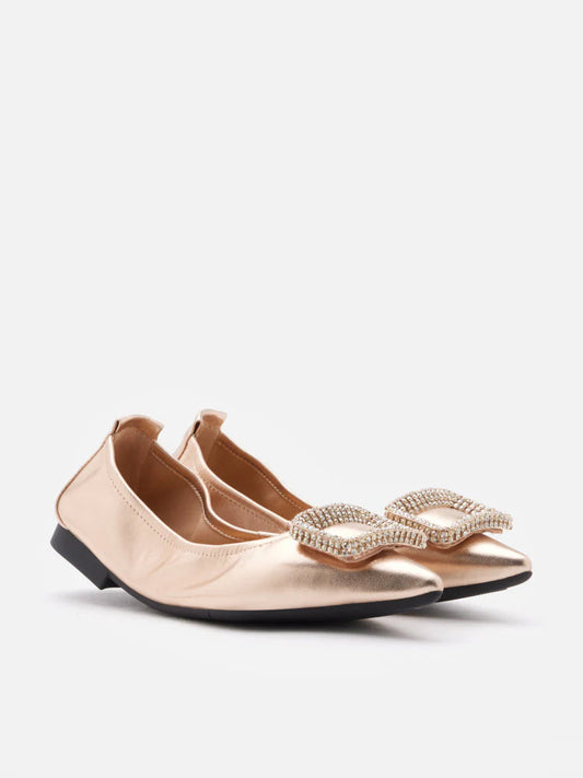 PAZZION, Maddox Crystal Buckle Pointed Toe Foldable Flats, Champagne