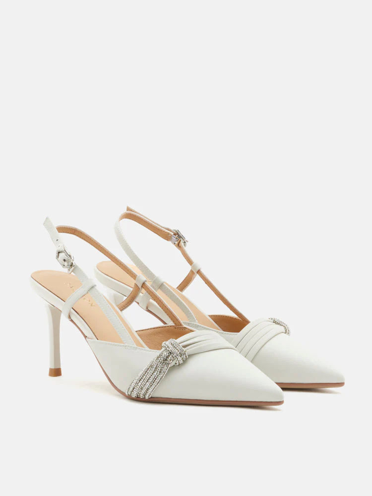 PAZZION, Madeleine Crystal Embellished Silk Slingback Heels, Beige