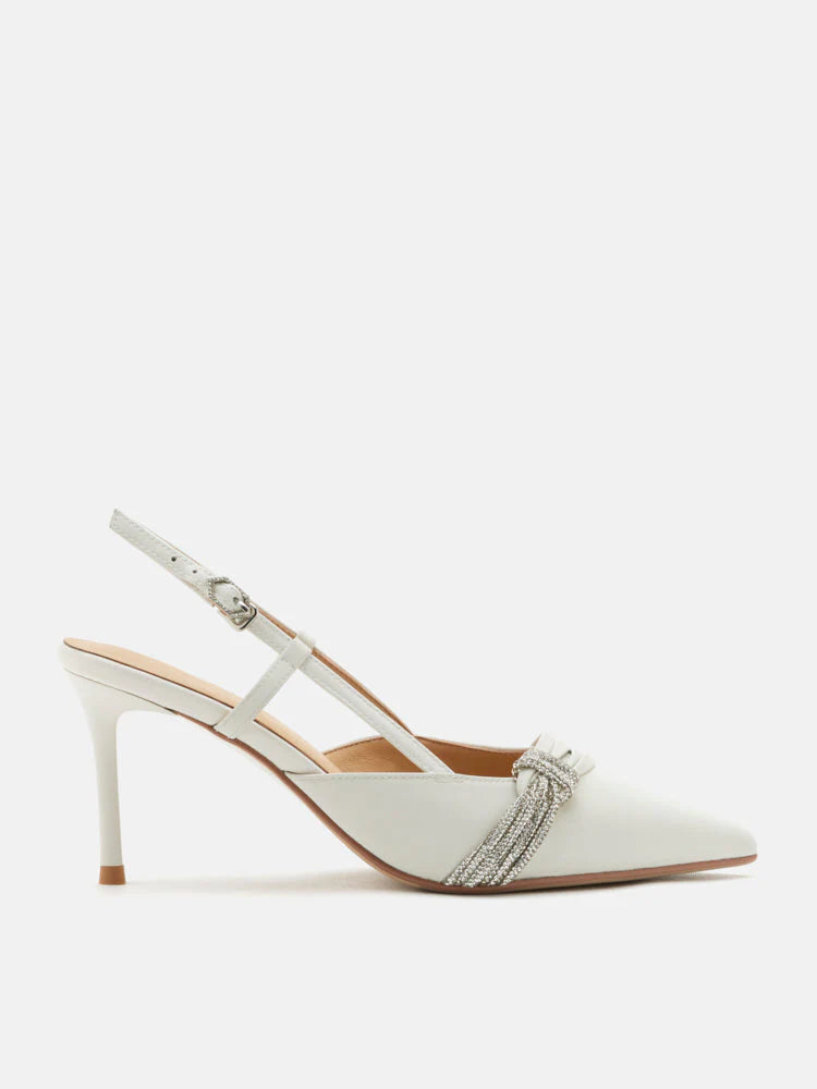 PAZZION, Madeleine Crystal Embellished Silk Slingback Heels, Beige