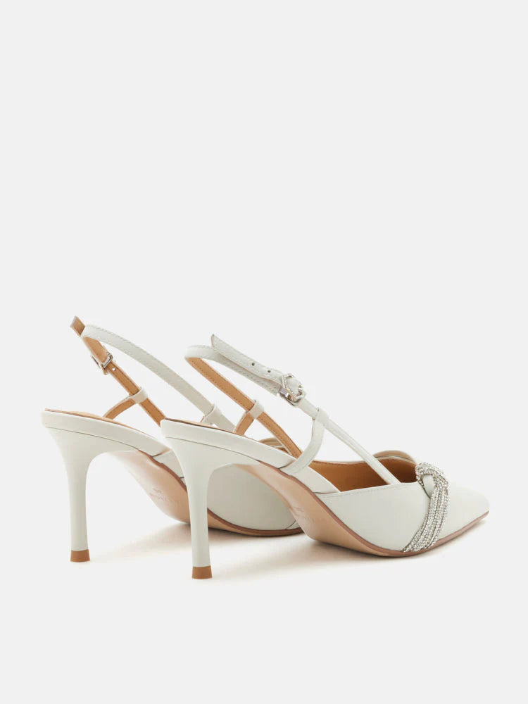 PAZZION, Madeleine Crystal Embellished Silk Slingback Heels, Beige