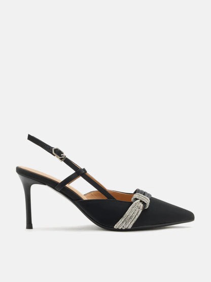 PAZZION, Madeleine Crystal Embellished Silk Slingback Heels, Black