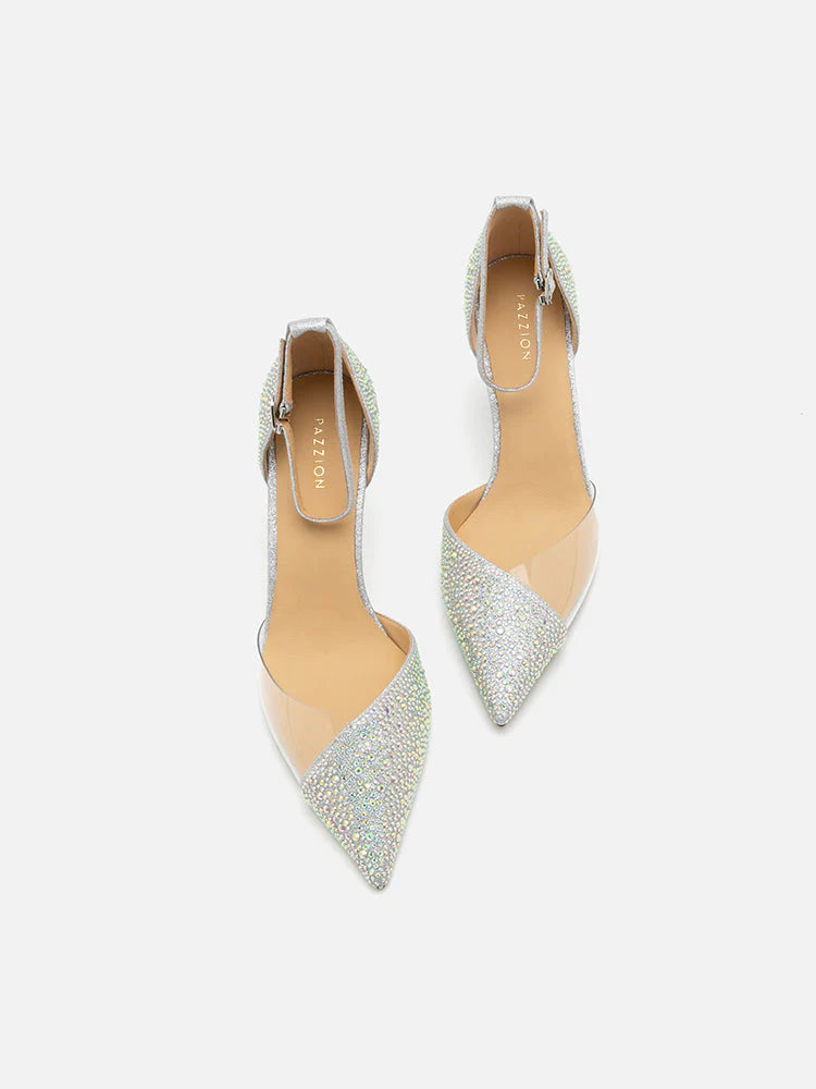 PAZZION, Madeline Crystal V-Cut Ankle Strap Pump Heels, Silver