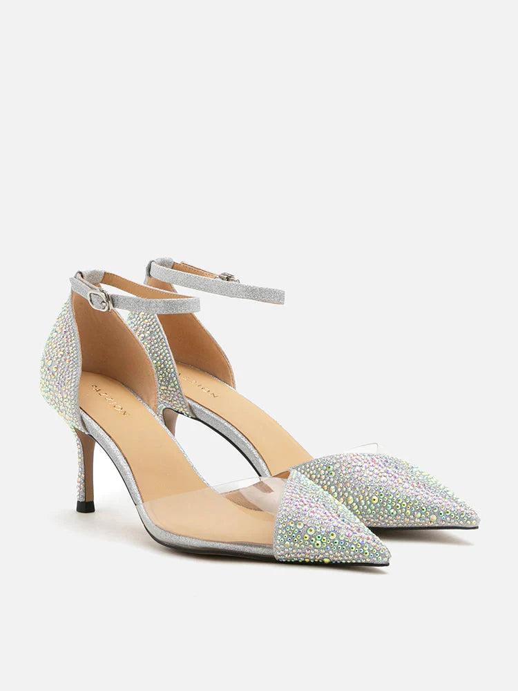 PAZZION, Madeline Crystal V-Cut Ankle Strap Pump Heels, Silver