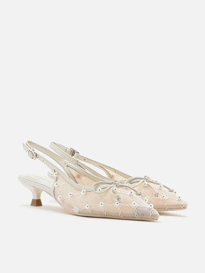 PAZZION, Maia Pearl Dï¿½cor Bow Slingbacks Kitten Heels, Beige