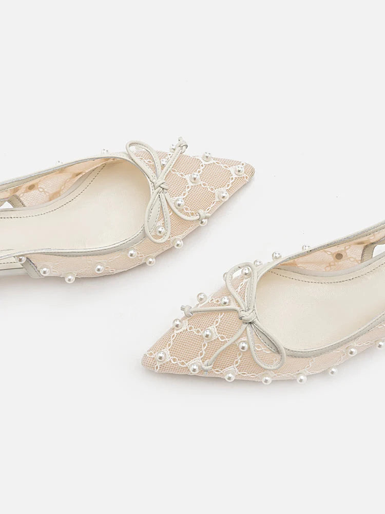 PAZZION, Maia Pearl Dï¿½cor Bow Slingbacks Kitten Heels, Beige