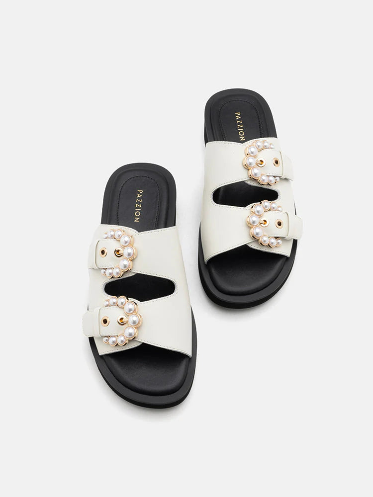 PAZZION, Maisie Double Pearl Buckle Slides, Beige