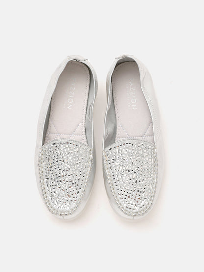 PAZZION, Mali Jewelled Cowhide Moccasins, Silver