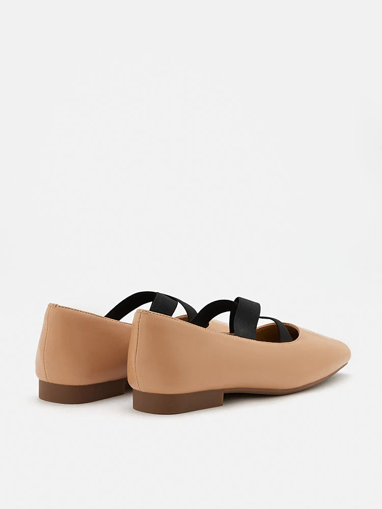 PAZZION, Mandy Square Toe Criss Cross Strap Ballet Flats, Almond