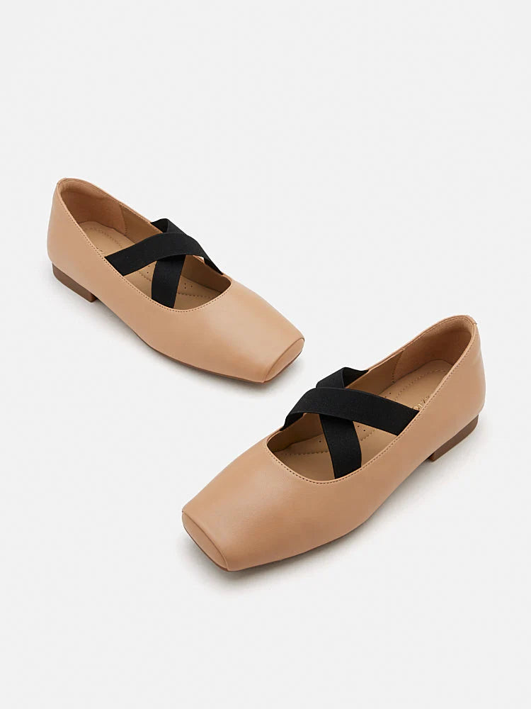 PAZZION, Mandy Square Toe Criss Cross Strap Ballet Flats, Almond