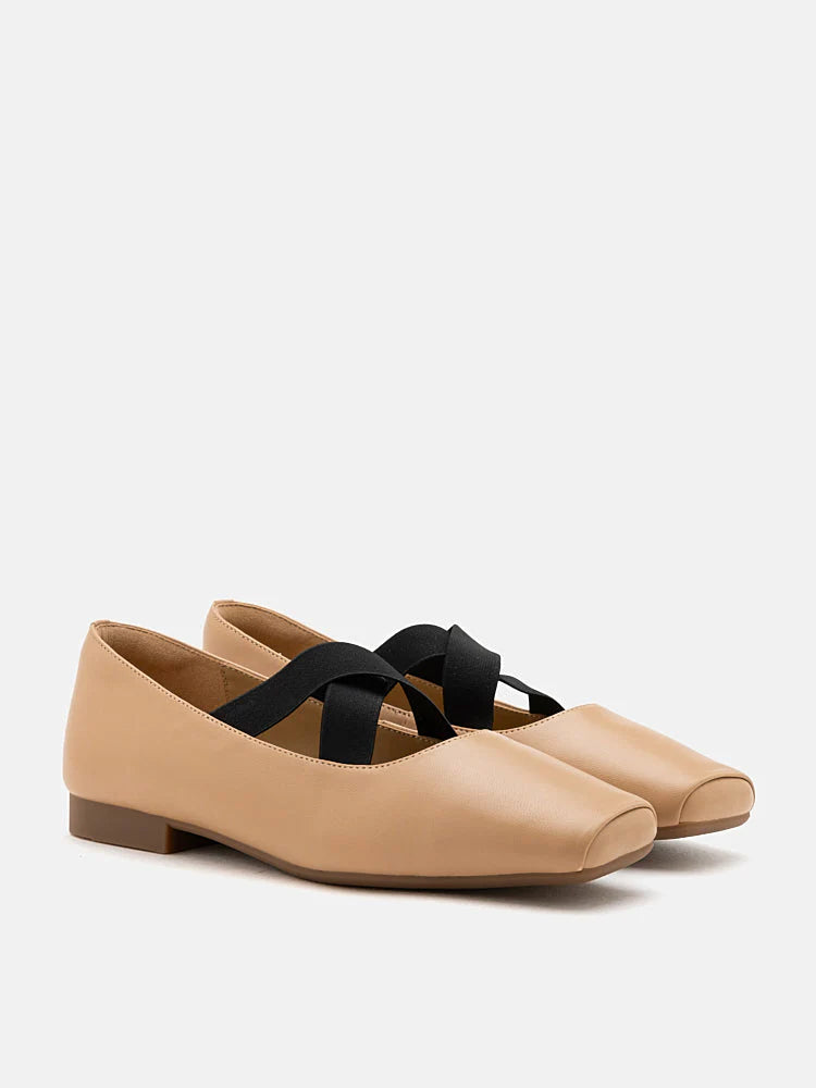 PAZZION, Mandy Square Toe Criss Cross Strap Ballet Flats, Almond